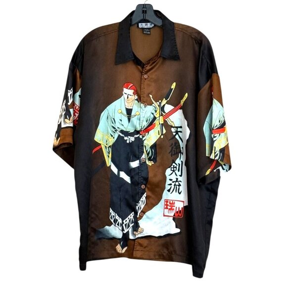 Great General Men's Samurai Swordsman Short Sleeve Shirt Brown Black Size L - Picture 6 of 6
